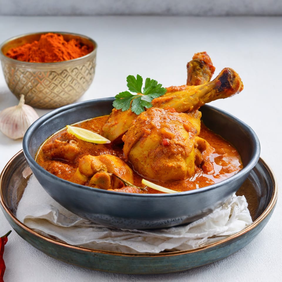 Chicken curry with lemon and cilantro in a dark bowl, with spices and garlic nearby.
