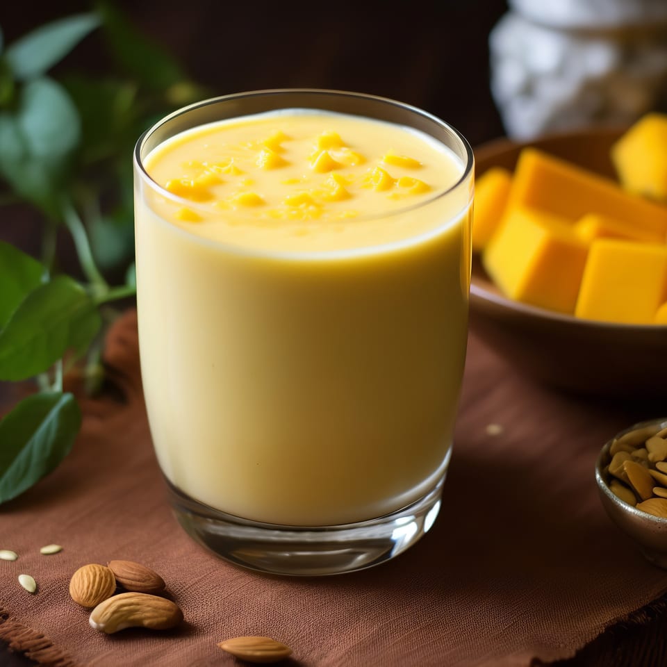 A glass of mango lassi with diced mango, almonds, and mango chunks in a bowl.