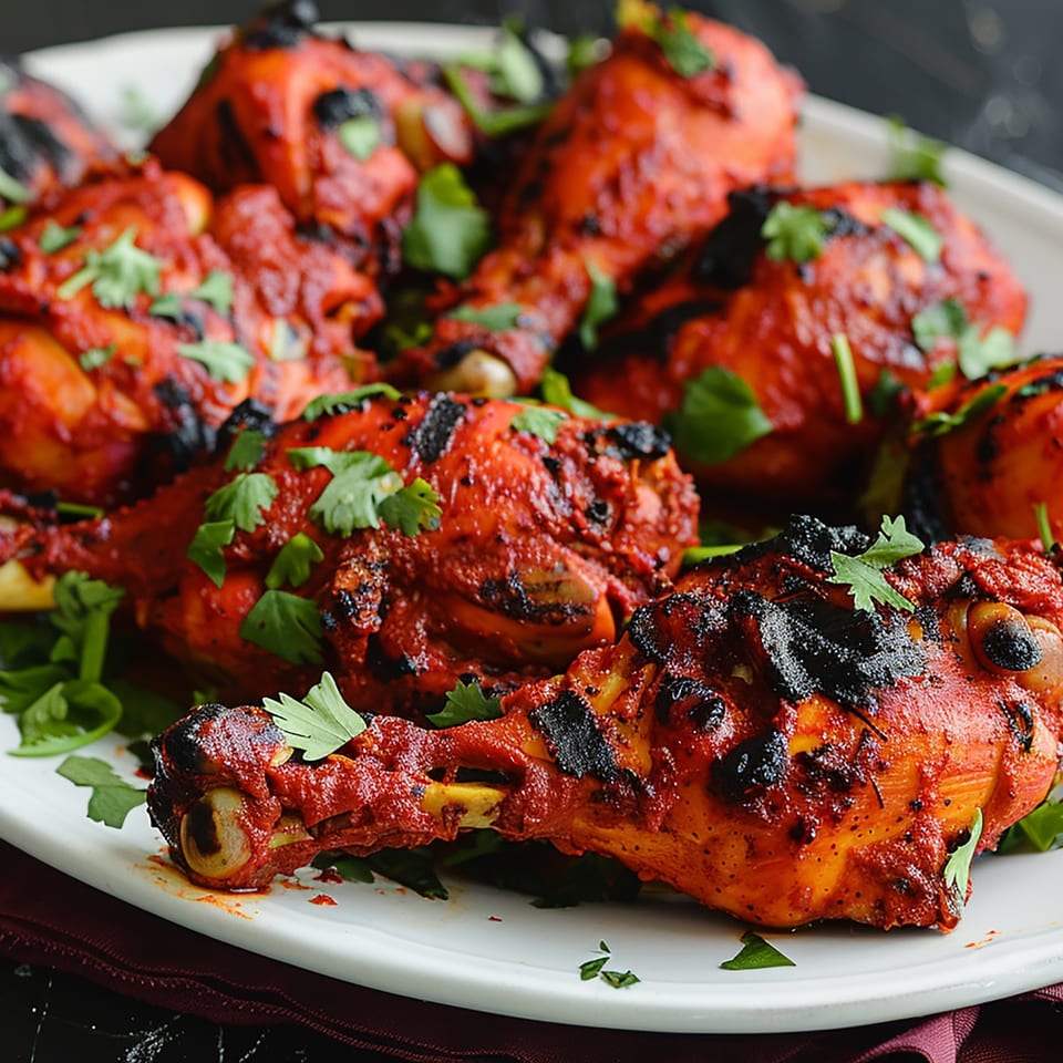 A white platter filled with several pieces of Red Chillez Indian Cuisine's Tandoori Chicken, garnished with cilantro.