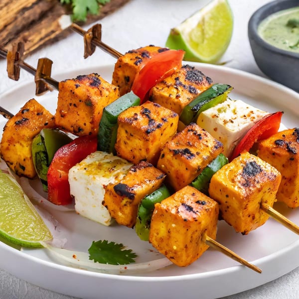 Grilled paneer and vegetable skewers with lime wedges and green chutney on a white plate.